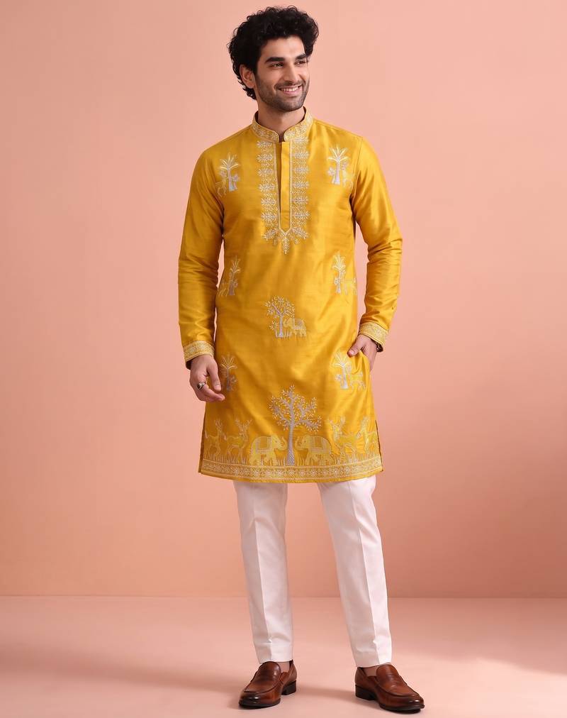 Men embroidered satin fabric embroidered kurta set