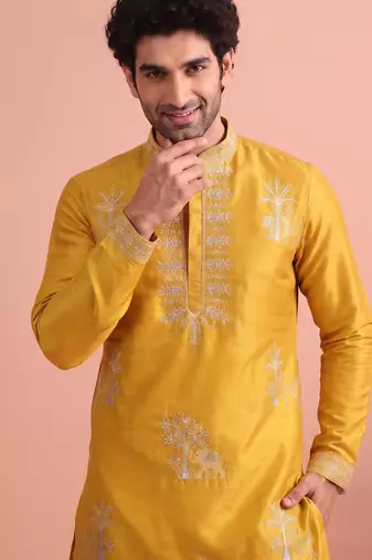 Men embroidered satin fabric embroidered kurta set