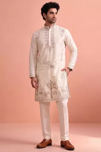 Men embroidered satin fabric embroidered kurta set