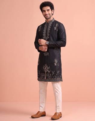 Men embroidered satin fabric embroidered kurta set 2
