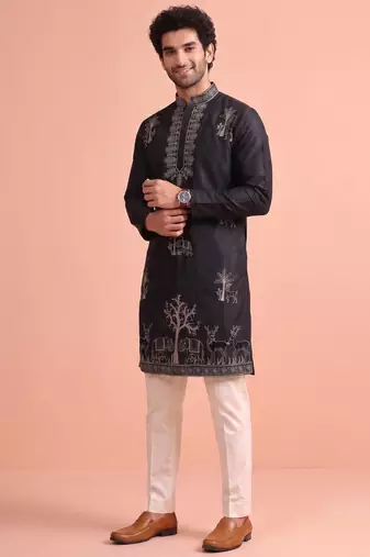 Men embroidered satin fabric embroidered kurta set