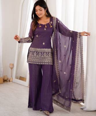 Women's Gorgeous Embroidery Crunchy Silk Fabric Straight Kurta Pant and Dupatta Set 1