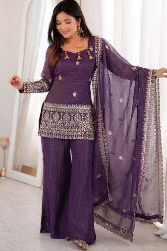 Women's Gorgeous Embroidery Crunchy Silk Fabric Straight Kurta Pant and Dupatta Set