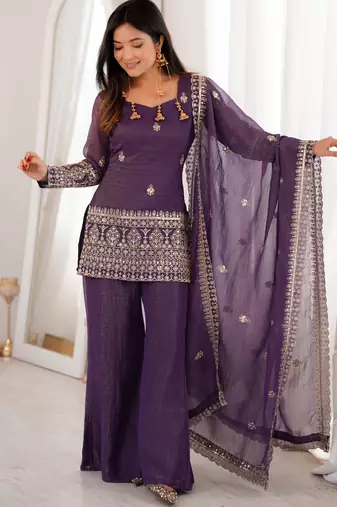 Women's Gorgeous Embroidery Crunchy Silk Fabric Straight Kurta Pant and Dupatta Set