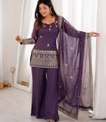 Women's Gorgeous Embroidery Crunchy Silk Fabric Straight Kurta Pant and Dupatta Set