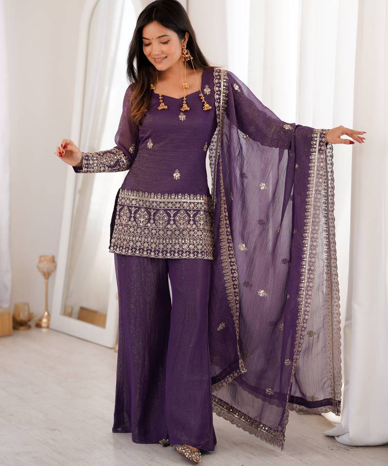 Women's Gorgeous Embroidery Crunchy Silk Fabric Straight Kurta Pant and Dupatta Set