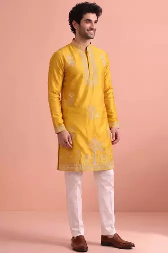 Men embroidered satin fabric embroidered kurta set