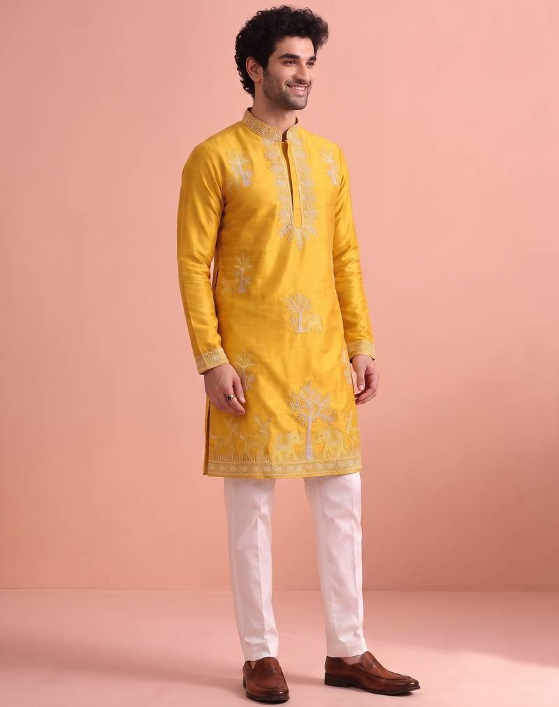 Men embroidered satin fabric embroidered kurta set