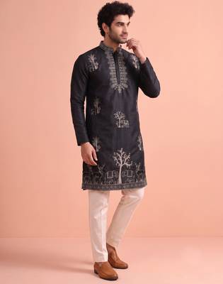 Men embroidered satin fabric embroidered kurta set 3