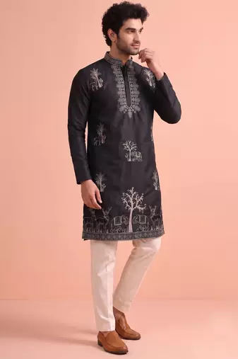 Men embroidered satin fabric embroidered kurta set