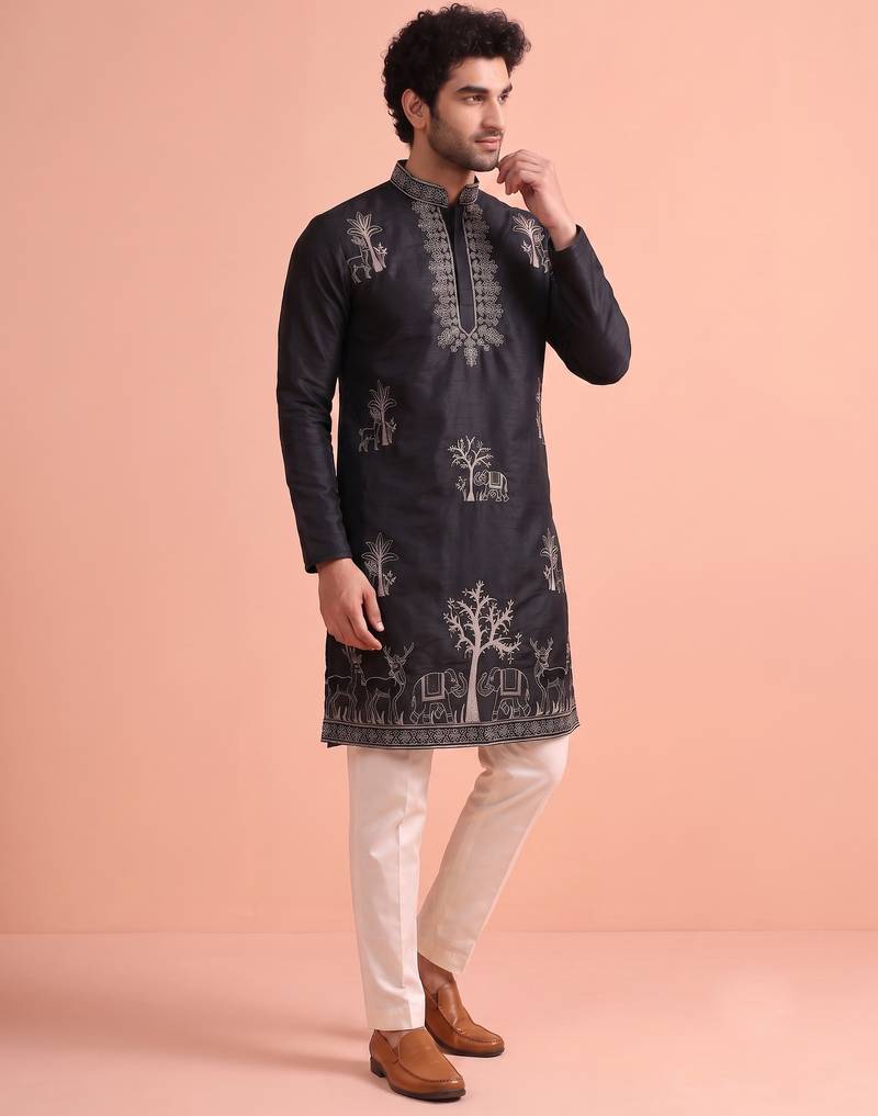 Men embroidered satin fabric embroidered kurta set