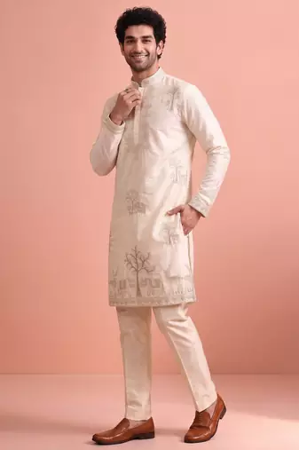 Men embroidered satin fabric embroidered kurta set
