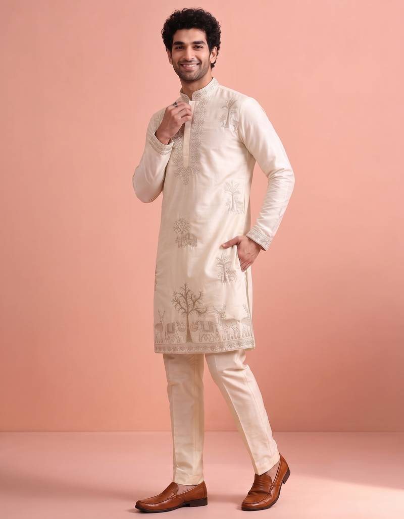 Men embroidered satin fabric embroidered kurta set