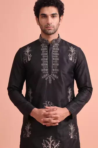 Men embroidered satin fabric embroidered kurta set