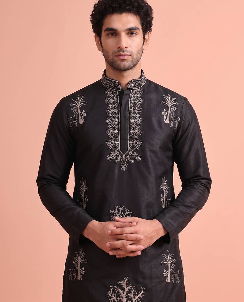 Men embroidered satin fabric embroidered kurta set