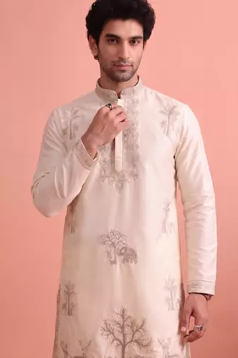Men embroidered satin fabric embroidered kurta set