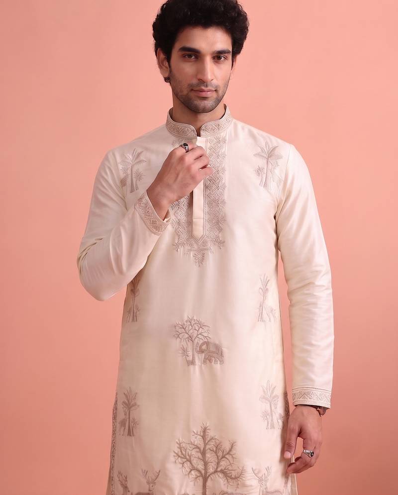 Men embroidered satin fabric embroidered kurta set