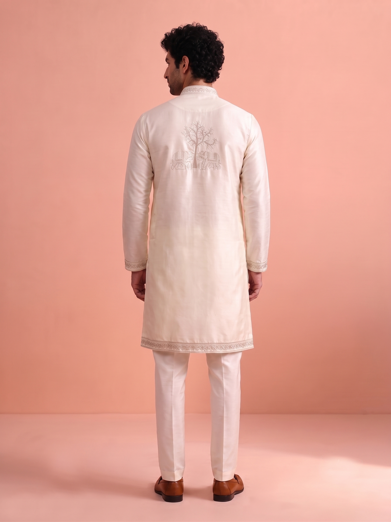 Men embroidered satin fabric embroidered kurta set