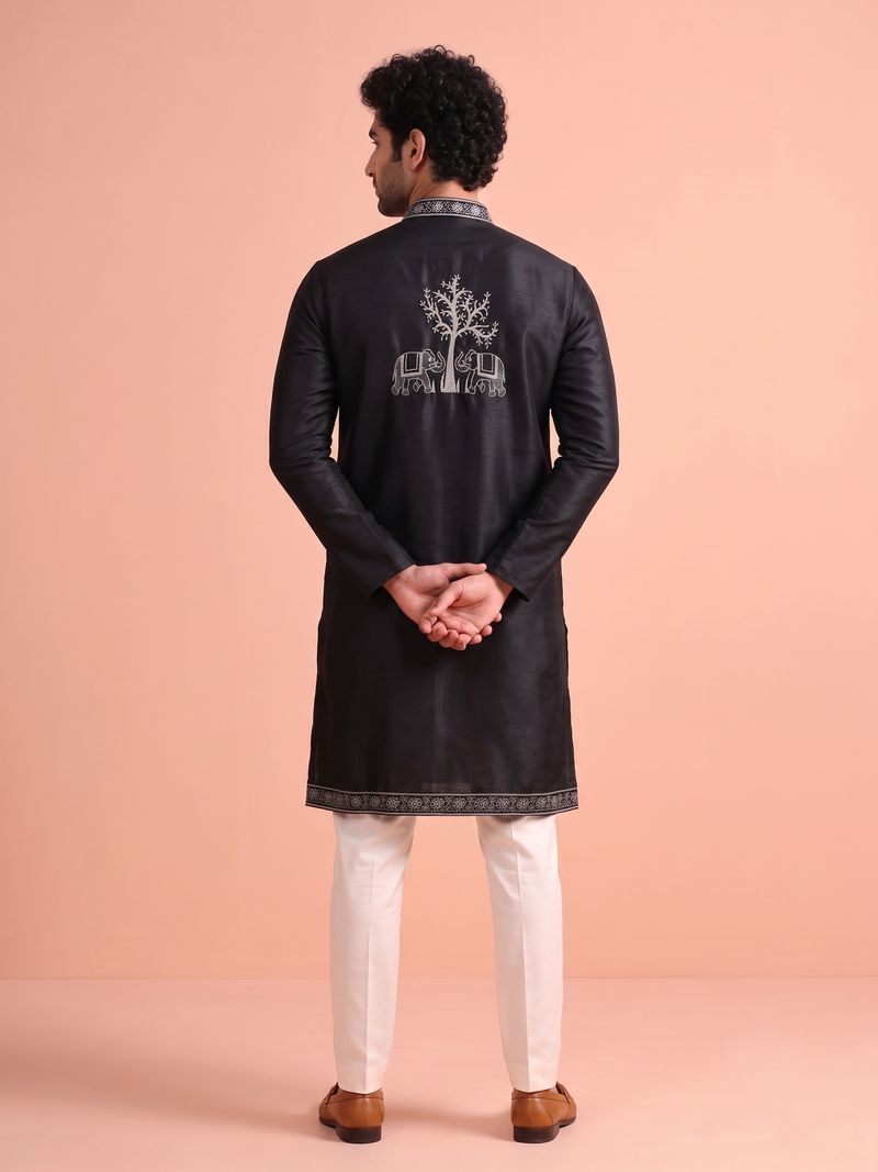 Men embroidered satin fabric embroidered kurta set