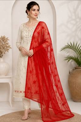 Red chiffon embroidered thread work fancy casual dupattas for women 1