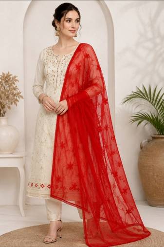Red chiffon embroidered thread work fancy casual dupattas for women