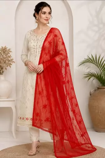 Red chiffon embroidered thread work fancy casual dupattas for women
