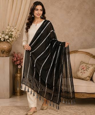Black organza embroidered mirror work fancy casual dupattas for women 1
