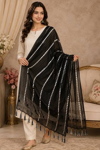 Black organza embroidered mirror work fancy casual dupattas for women
