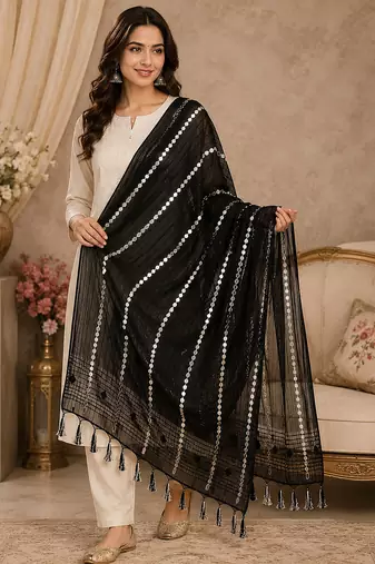 Black organza embroidered mirror work fancy casual dupattas for women