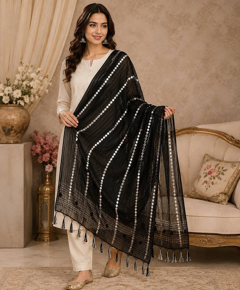 Black organza embroidered mirror work fancy casual dupattas for women