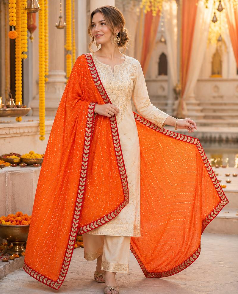 Orange art silk bandhani printed fancy casual dupattas for women