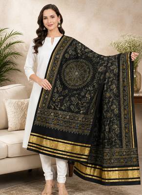 Black silk blend floral printed fancy casual dupattas for women 1