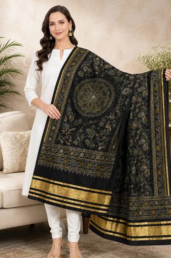 Black silk blend floral printed fancy casual dupattas for women