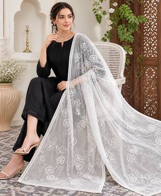 White chiffon embroidered thread work fancy casual dupattas for women 1