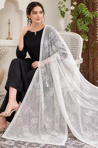 White chiffon embroidered thread work fancy casual dupattas for women
