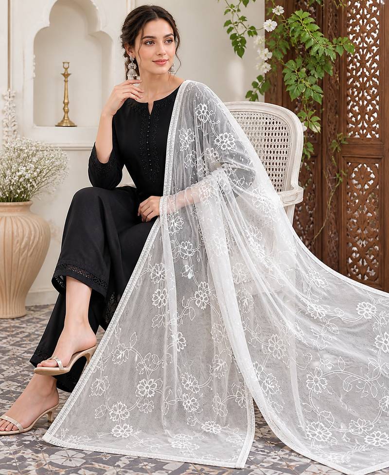 White chiffon embroidered thread work fancy casual dupattas for women