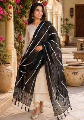 Black organza embroidered mirror work fancy casual dupattas for women 2