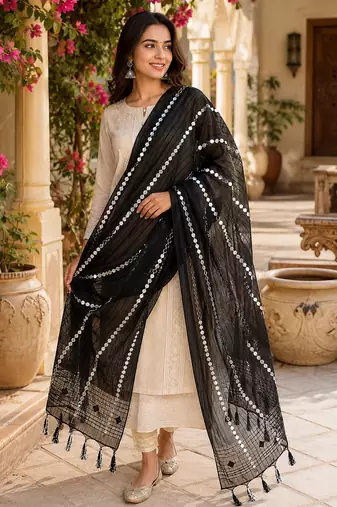Black organza embroidered mirror work fancy casual dupattas for women