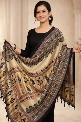 Beige art silk geometric printed fancy casual dupattas for women