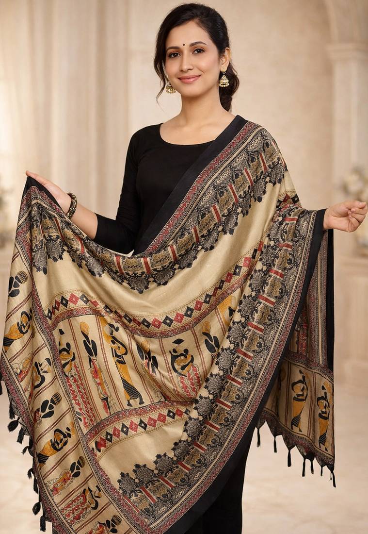 Beige art silk geometric printed fancy casual dupattas for women