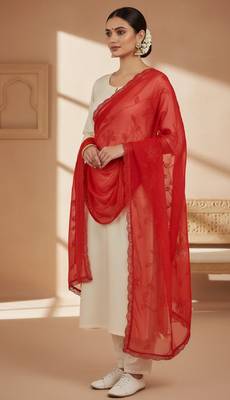 Red chiffon embroidered thread work fancy casual dupattas for women 2