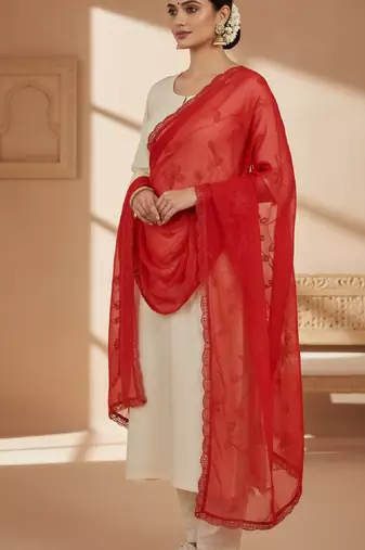 Red chiffon embroidered thread work fancy casual dupattas for women