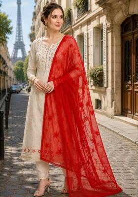 Red chiffon embroidered thread work fancy casual dupattas for women 3
