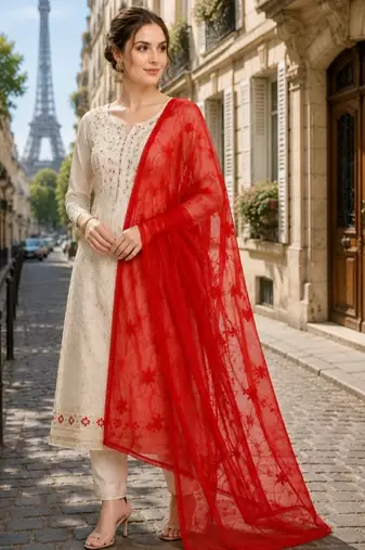 Red chiffon embroidered thread work fancy casual dupattas for women