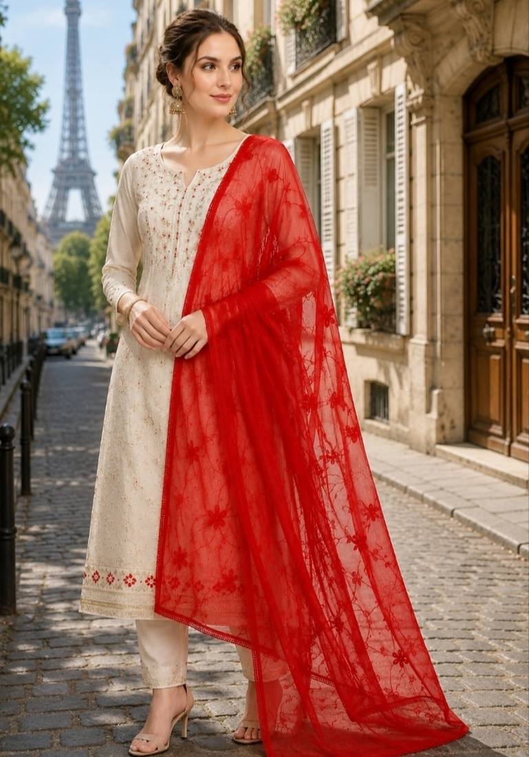 Red chiffon embroidered thread work fancy casual dupattas for women