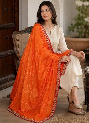 Orange art silk bandhani printed fancy casual dupattas for women 2
