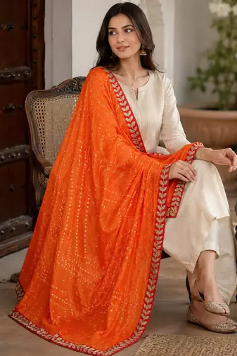 Orange art silk bandhani printed fancy casual dupattas for women