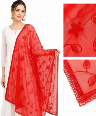 Red chiffon embroidered thread work fancy casual dupattas for women 4