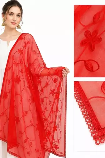 Red chiffon embroidered thread work fancy casual dupattas for women
