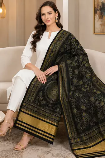 Black silk blend floral printed fancy casual dupattas for women